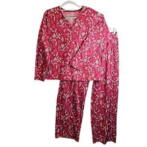 Womens L Floral Button Down Pajama Set Waffle knit Red Loungewear pocket stretch